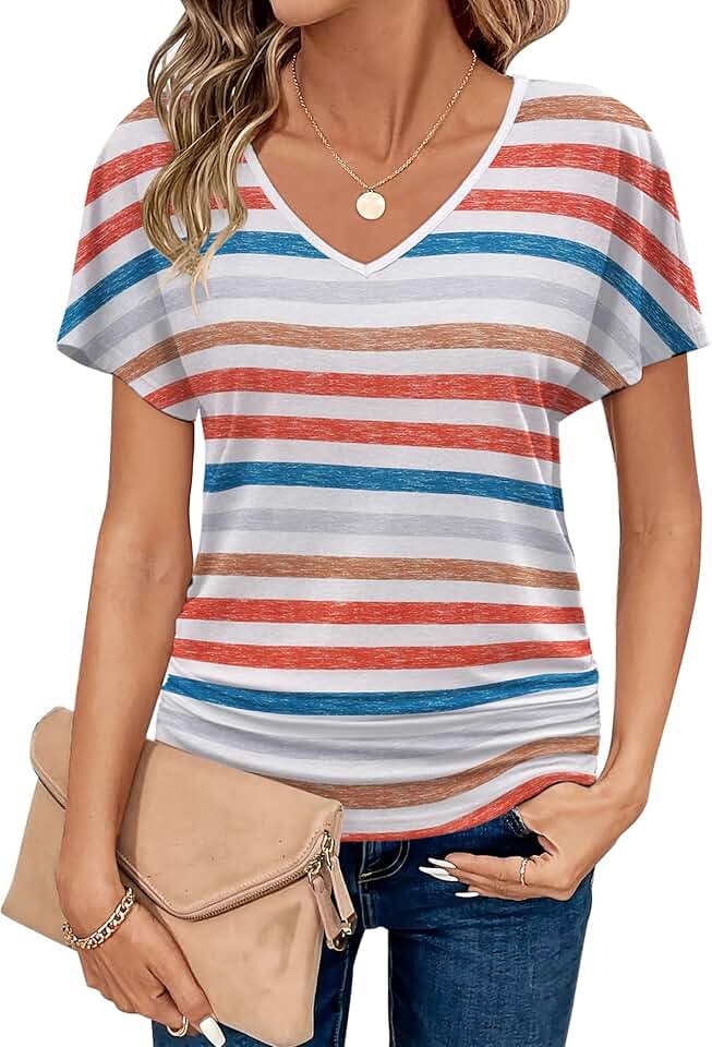 Women's V-Neck Short Sleeve Blouse, Ruched, Casual to Business