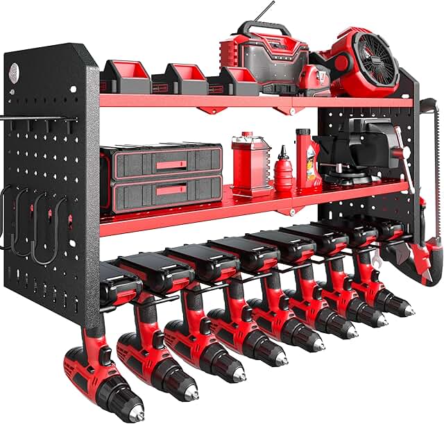 Power Tool Organizer Wall Mount with Drill Holders and Hooks