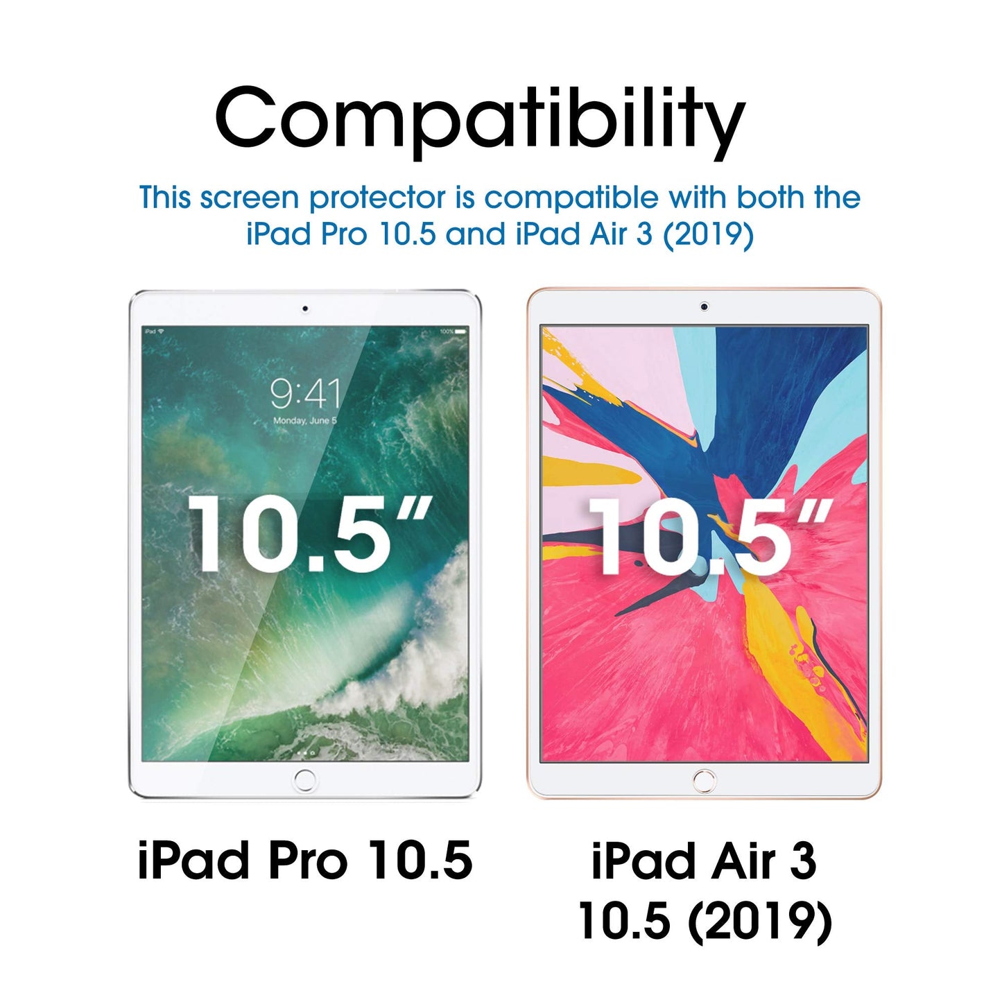 (2 Pack) Glass Screen Protector for iPad Air 3 (2019) 10.5 inch, iPad Pro 10.5 inch (2017) Tempered Glass, Apple Pencil Compatible