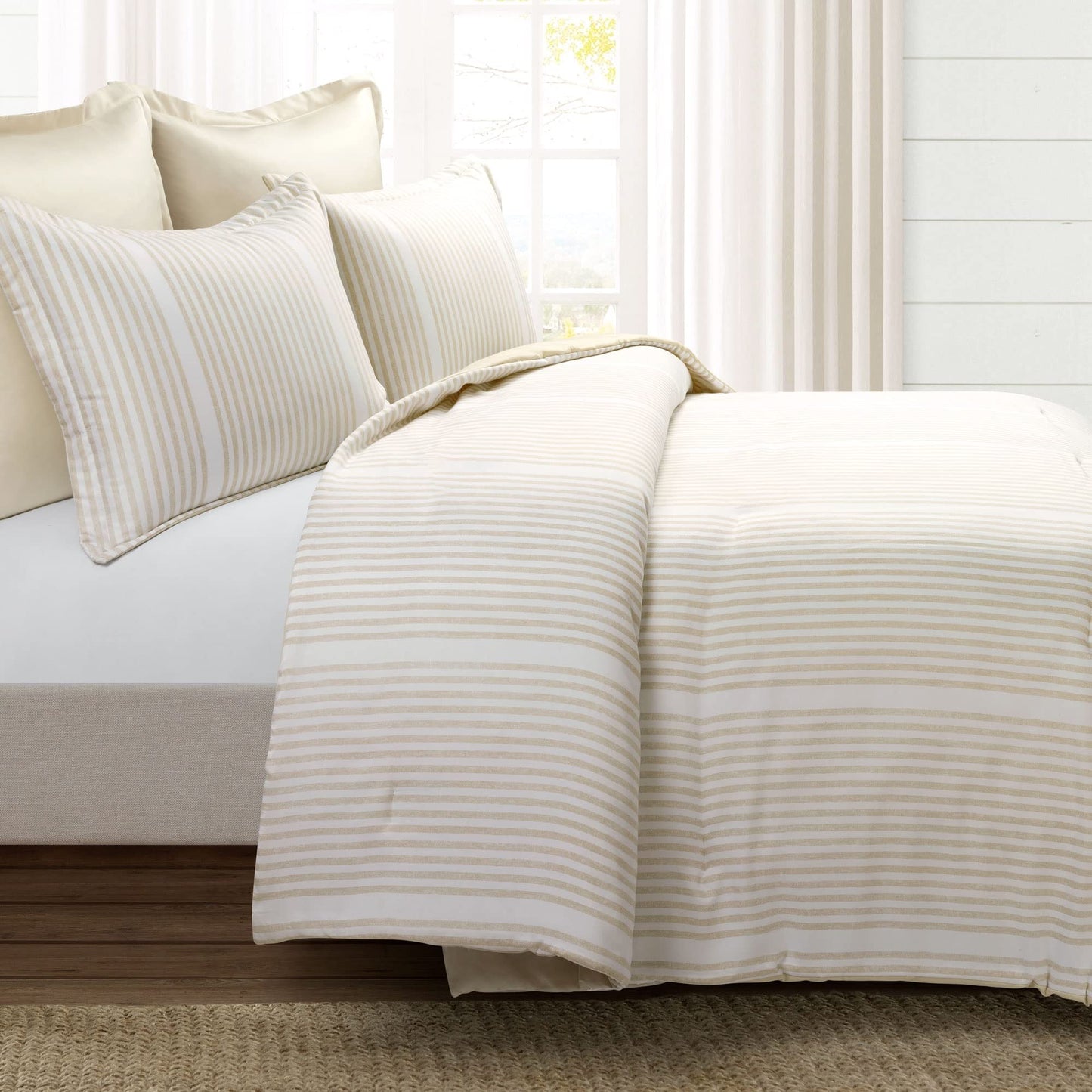 Farmhouse Drew Stripe Silver-Infused 5 Piece Comforter Set, Full/Queen, Neutral