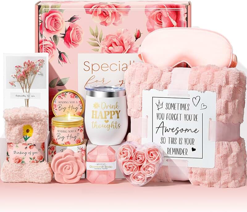 Self-Care Gift Basket for Women with Bath Set and Blanket