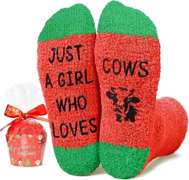 Red Christmas Stockings with Fuzzy Horse and Cow Socks