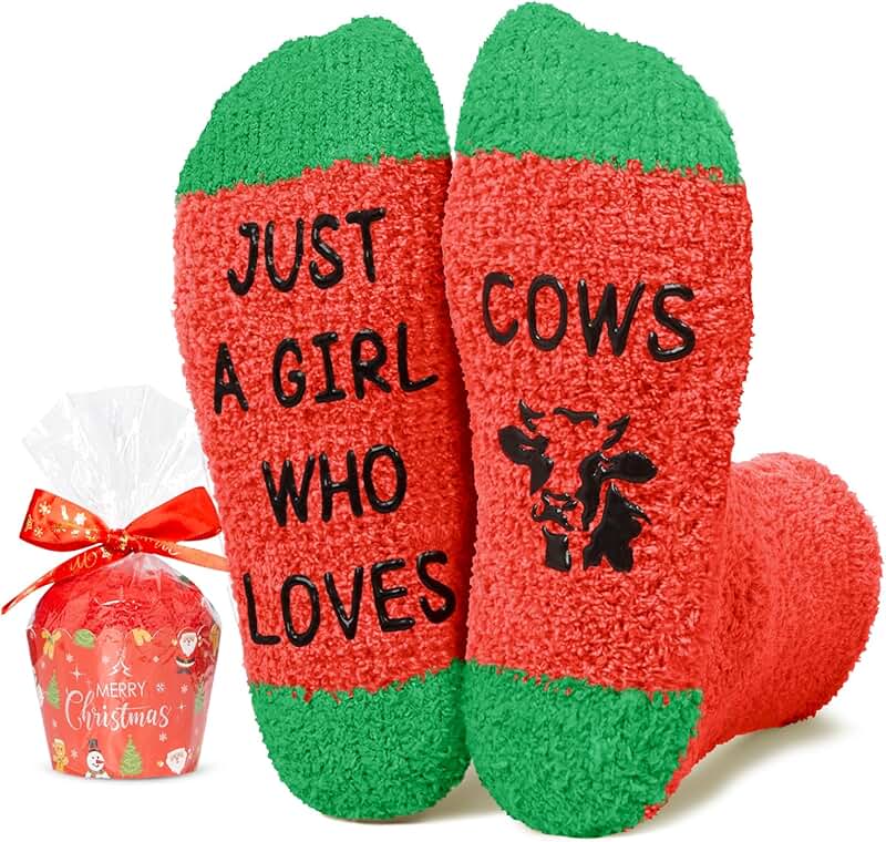 Red Christmas Stockings with Fuzzy Horse and Cow Socks