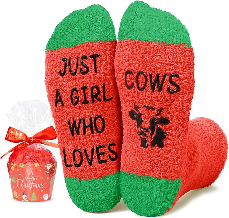 Red Christmas Stockings with Fuzzy Horse and Cow Socks