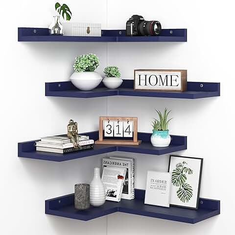 Set of 4 Navy Blue Corner Wall Shelves for Home Decor