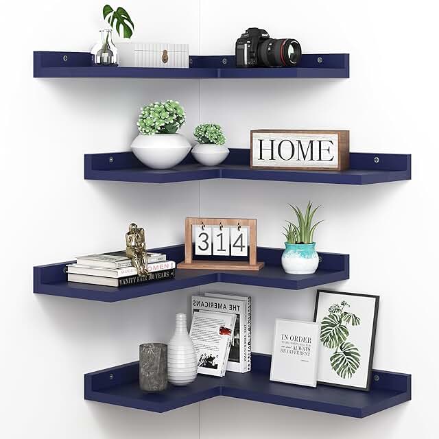 Set of 4 Navy Blue Corner Wall Shelves for Home Decor