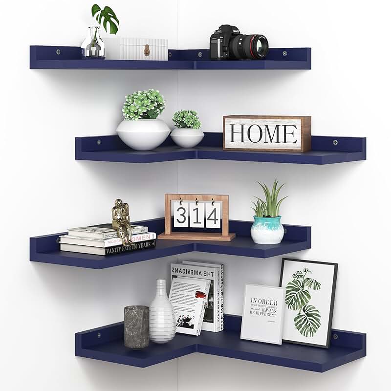 Set of 4 Navy Blue Corner Wall Shelves for Home Decor