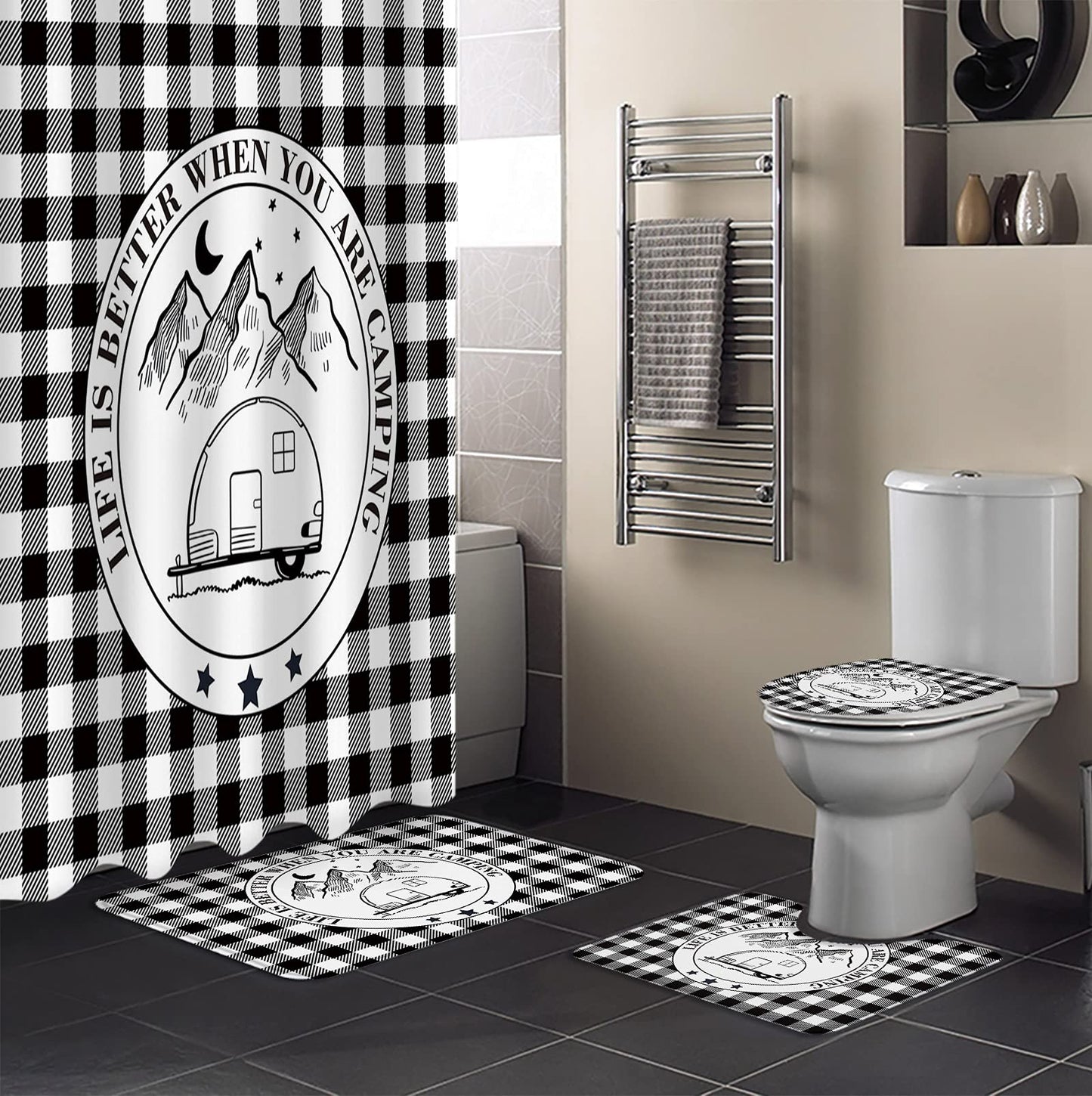 Camper Van 4 PCS Shower Curtain Sets Fashion Black White Plaid Camping Quotes Logo Bathroom Decor Shower Curtain 36" x 72" with 12 Hooks Non- Bath Mat Tet Lid Cover U-Shape Contour Rug