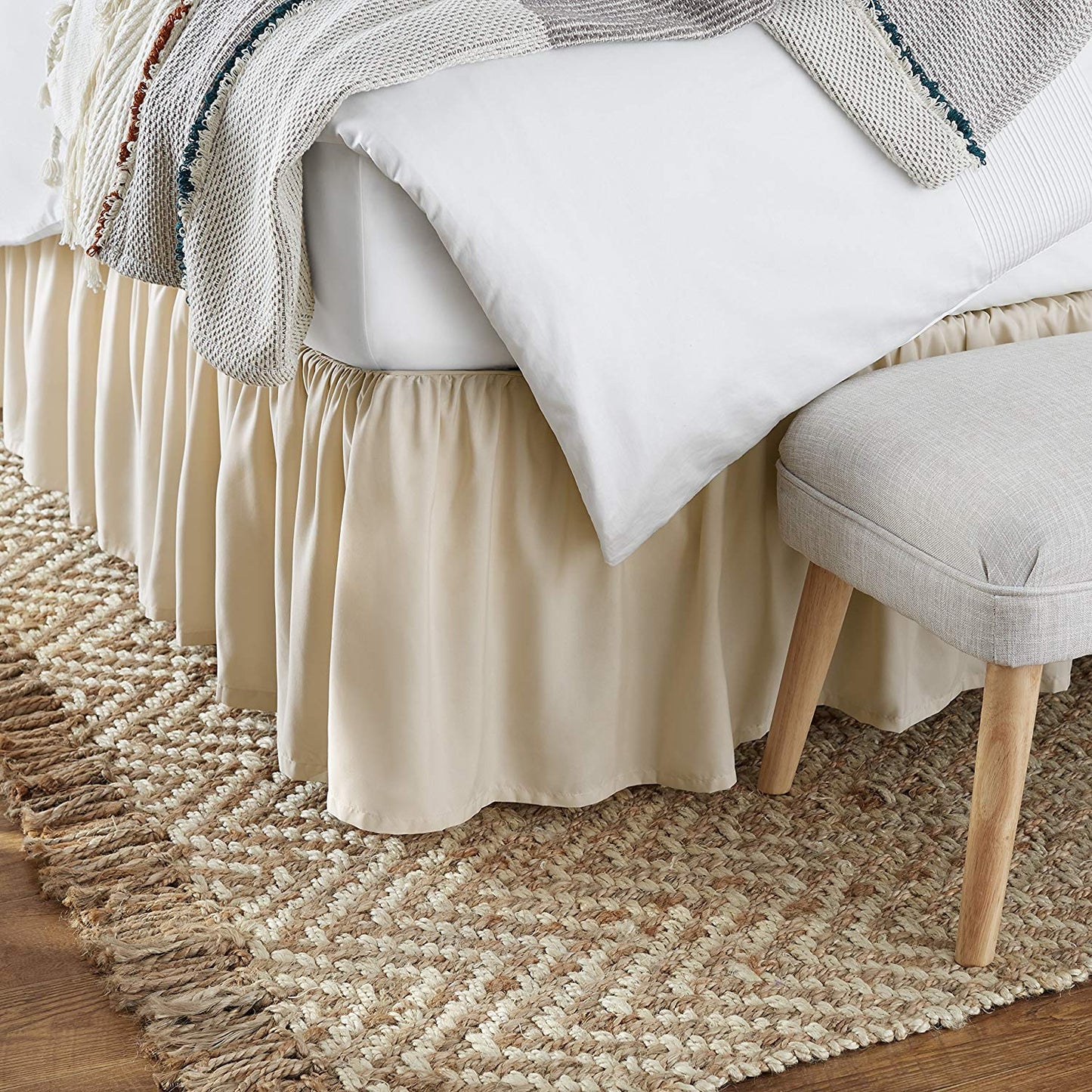 Ruffled Bed Skirt with Split Corners Queen Size 24 Inch Drop) Platform Dust Ruffle Gathered Bedskirt with 400 Thread Count Microfiber Wrinkle Free Ruffled Gatherd Bed Skirt(Ivory Solid)
