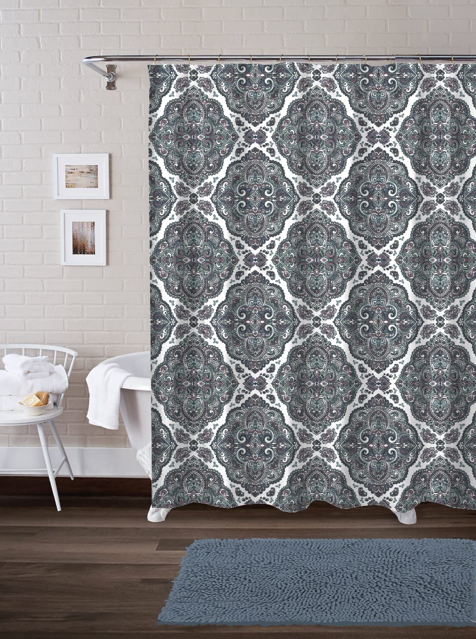 Medallion 14 Piece Set with Shower Curtain, 12 Rollerball Hooks and 18"x28" Noodle Rug