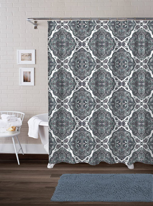 Medallion 14 Piece Set with Shower Curtain, 12 Rollerball Hooks and 18"x28" Noodle Rug