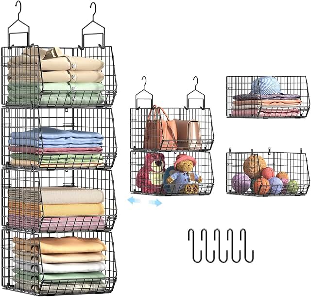 4-Inch Deep Hanging Closet Organizer with Shelves and Hooks