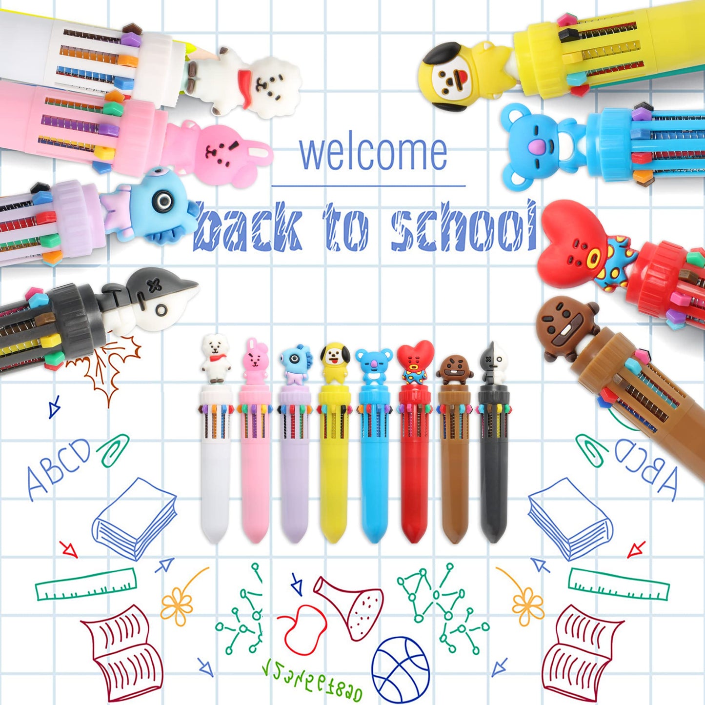8-Pack Colorful Retractable Cartoon Ballpoint Pens