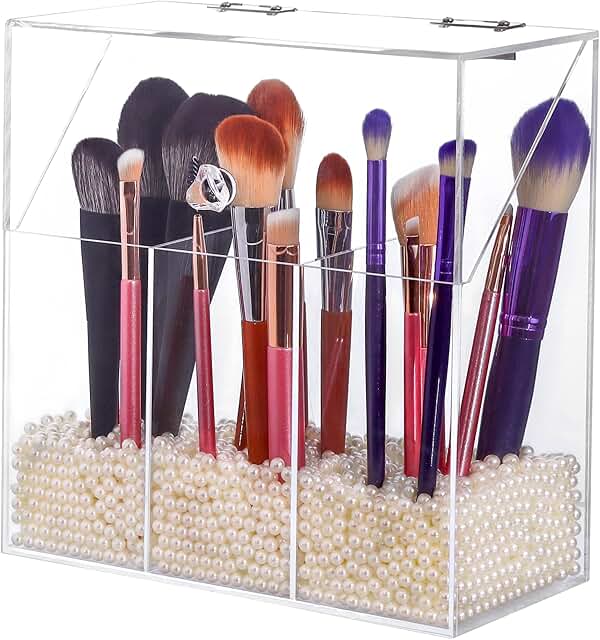 Clear acrylic makeup brush holder with lid and three slots