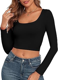 Ribbed Long Sleeve Crop Top with Square Neck