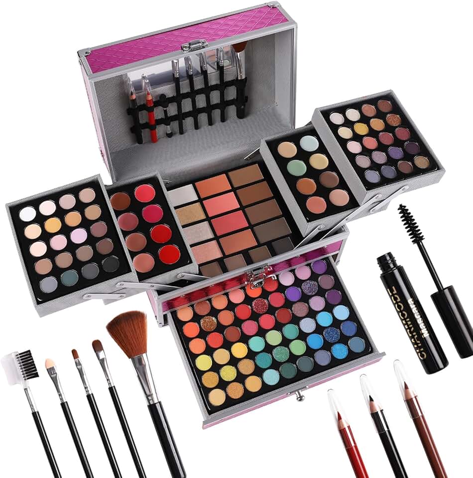 Complete makeup gift set with eyeshadow, lipstick, and brushes