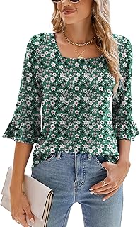 Women's Casual 3/4 Sleeve Square Neck Ruffle Top