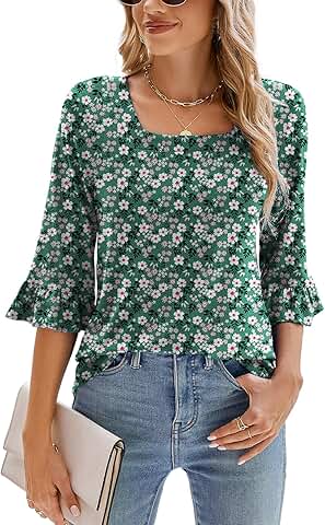 Women's Casual 3/4 Sleeve Square Neck Ruffle Top