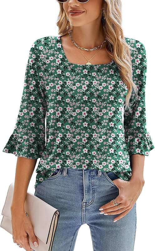 Women's Casual 3/4 Sleeve Square Neck Ruffle Top