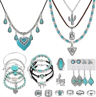 Vintage turquoise jewelry set with necklaces, bracelets, earrings, and rings