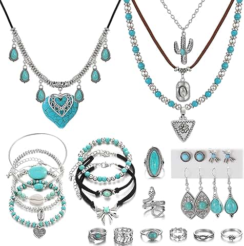 Vintage turquoise jewelry set with necklaces, bracelets, earrings, and rings