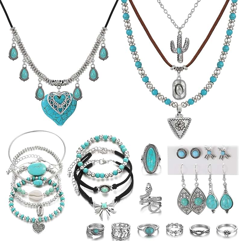 Vintage turquoise jewelry set with necklaces, bracelets, earrings, and rings