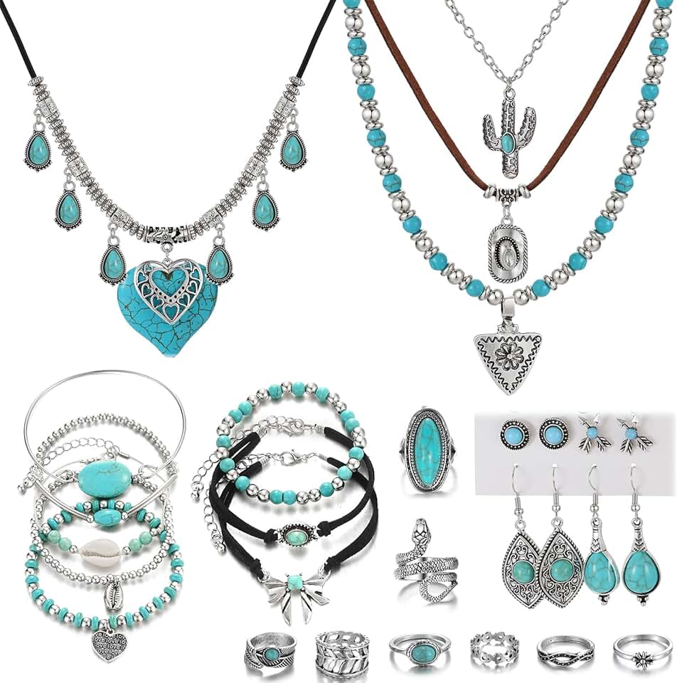 Vintage turquoise jewelry set with necklaces, bracelets, earrings, and rings