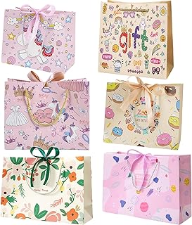 Set of 6 Colorful Christmas Gift Bags with Tissue Ribbons and Cards