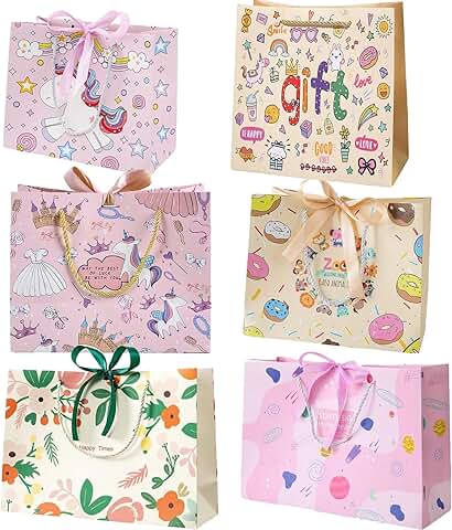Set of 6 Colorful Christmas Gift Bags with Tissue Ribbons and Cards