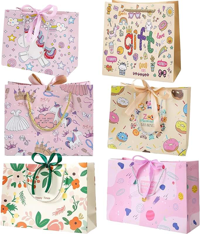 Set of 6 Colorful Christmas Gift Bags with Tissue Ribbons and Cards