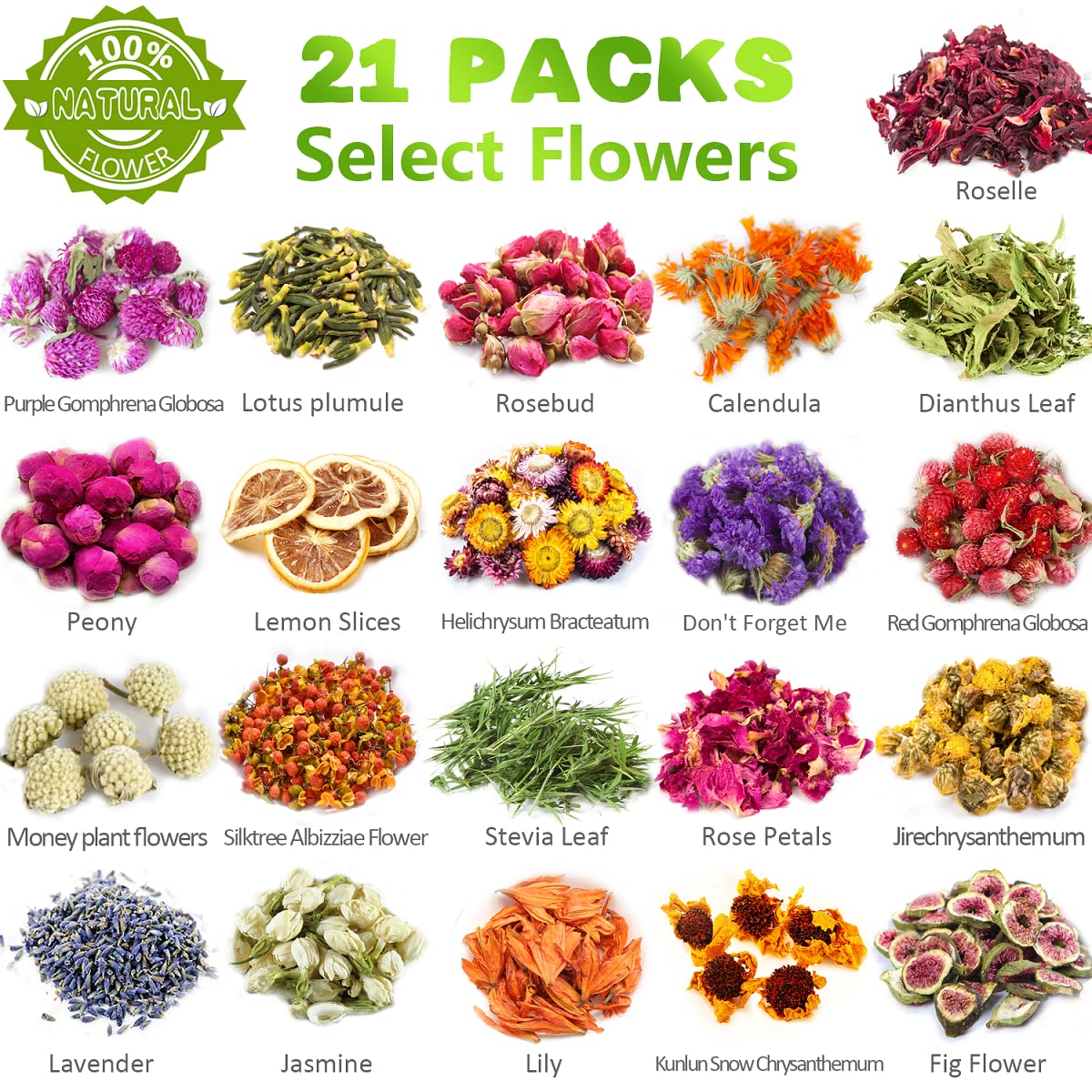 21-Piece Dried Flower Assortment for Candle, Soap, Bath, Jewelry