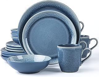 Round Blue Stoneware Dinnerware Set for Four
