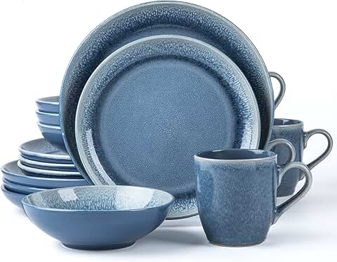 Round Blue Stoneware Dinnerware Set for Four