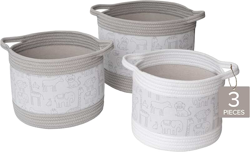Set of 3 Zoo Animal Print Storage Baskets for Nursery or Playroom