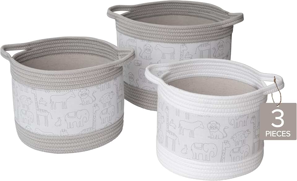 Set of 3 Zoo Animal Print Storage Baskets for Nursery or Playroom