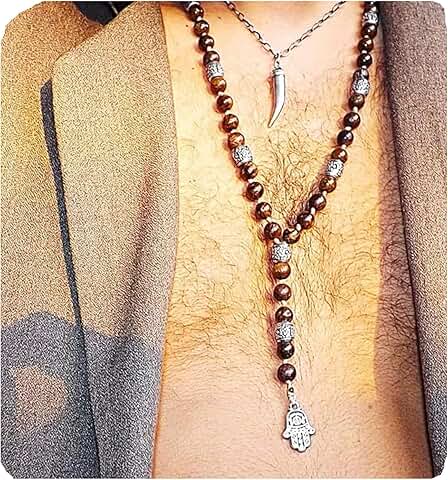Men's Long Lariat Necklace with Bronzie Beads and Hamsa Pendant