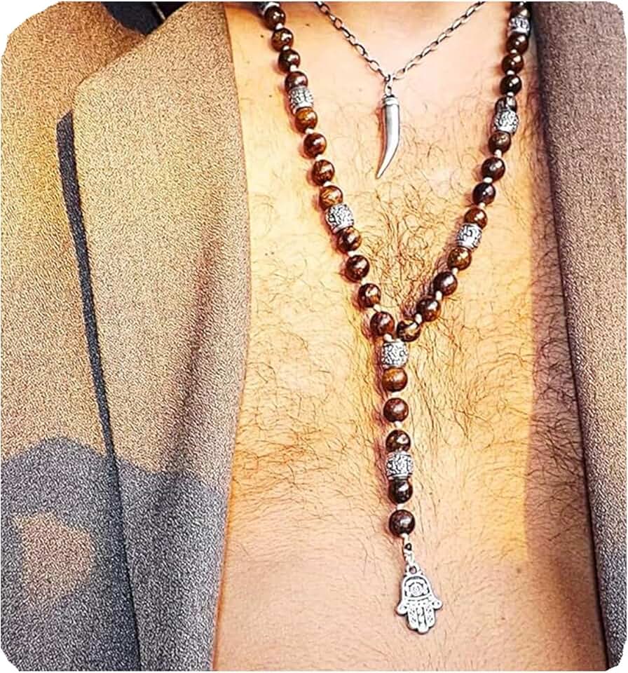 Men's Long Lariat Necklace with Bronzie Beads and Hamsa Pendant