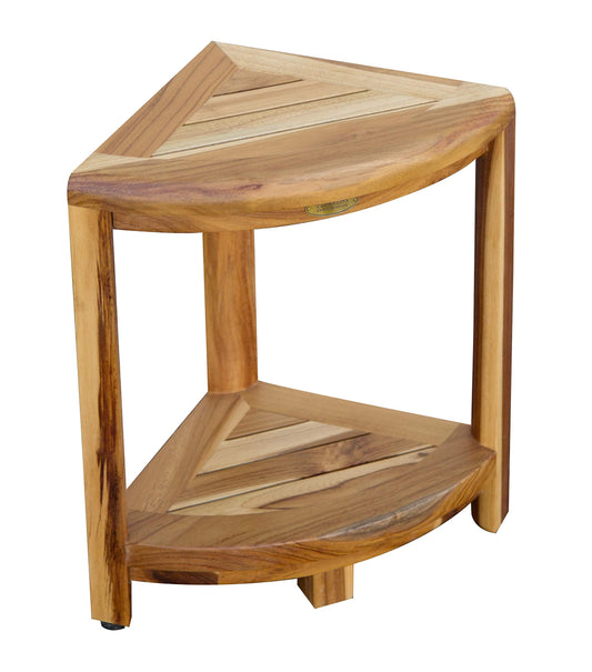 Teak Shower Corner Shelf Stool 2 Tier Wood Corner Shower Bench with Shelf, 18" Snazzy Corner Shower Foot Stool in Earthy Teak Finish