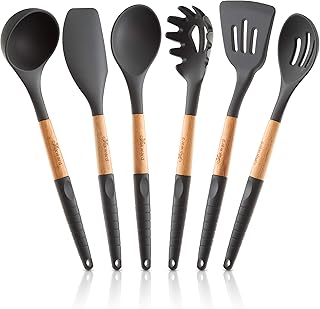 Set of 6 Silicone Cooking Utensils with Wooden Handles