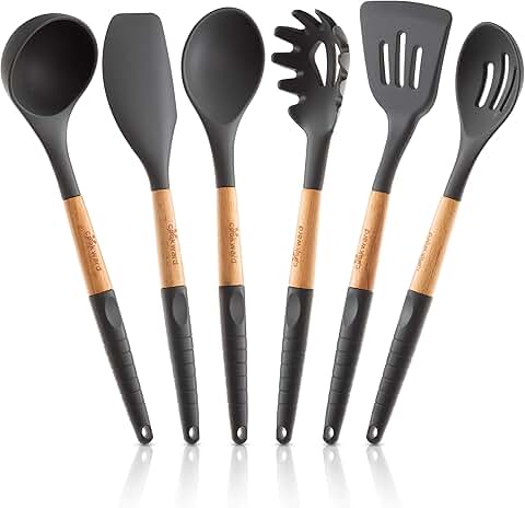 Set of 6 Silicone Cooking Utensils with Wooden Handles