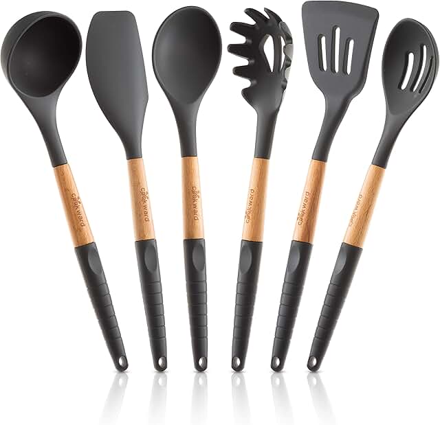 Set of 6 Silicone Cooking Utensils with Wooden Handles