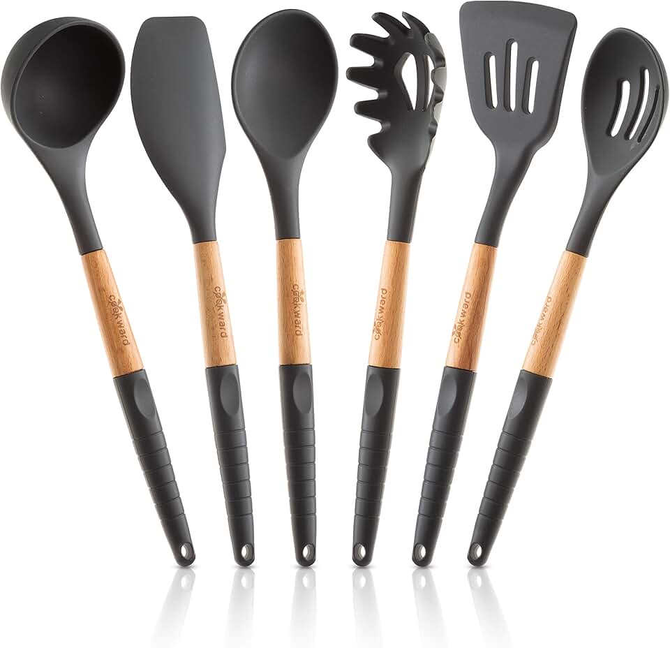 Set of 6 Silicone Cooking Utensils with Wooden Handles