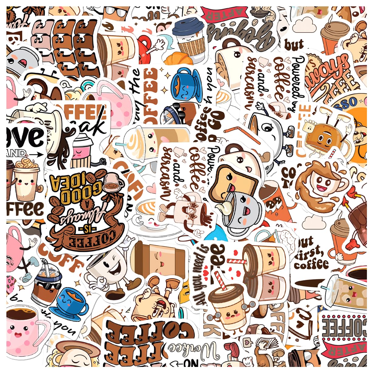 Cute Coffee Cartoon Vinyl Stickers Pack for Kids and Adults