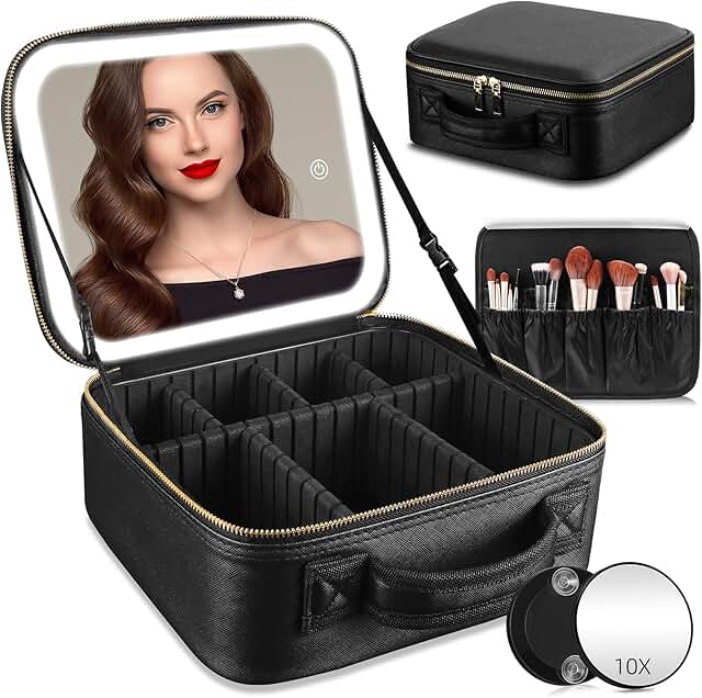 LED Lighted Travel Makeup Bag with Mirror and Dividers