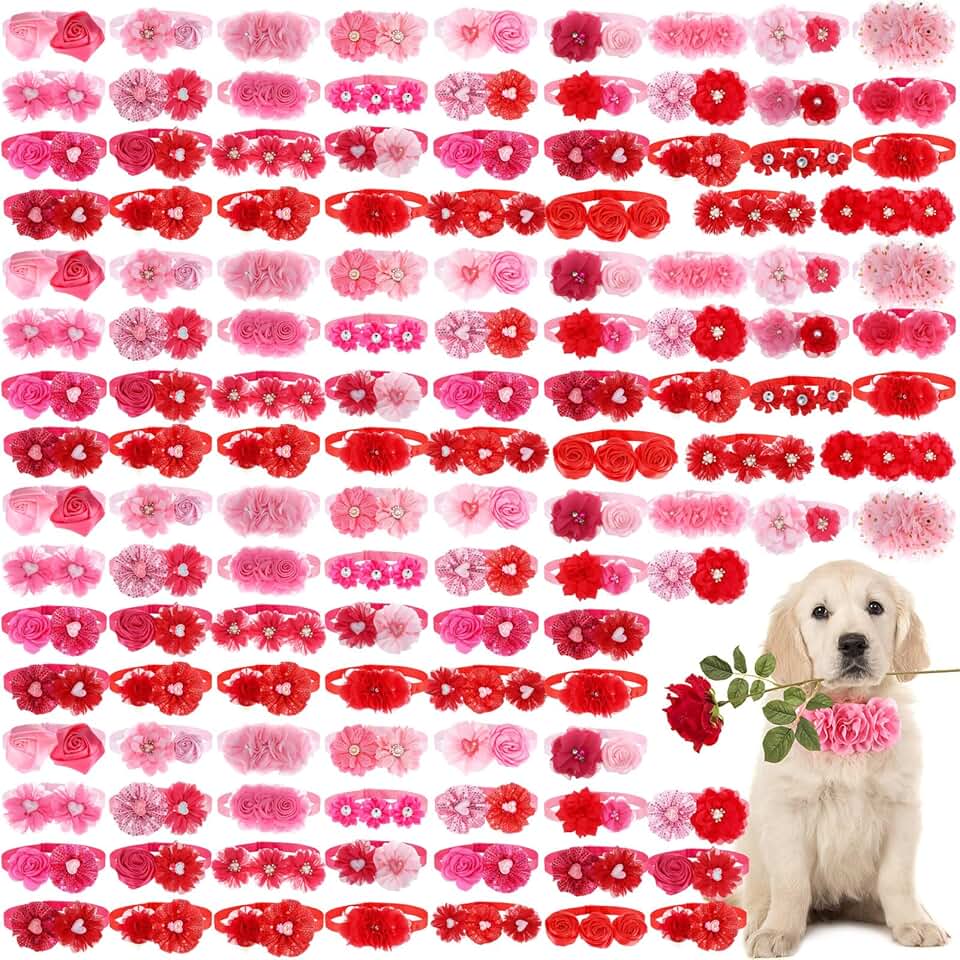 150 Pink and Red Dog Collars with Rhinestones and Bows