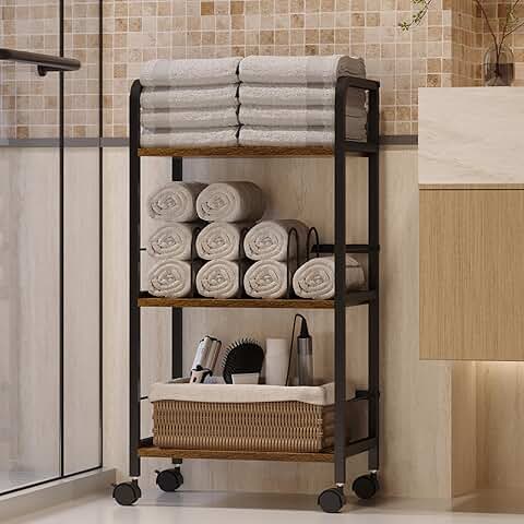 3-Tier Rolling Towel Rack with Shelves and Wheels