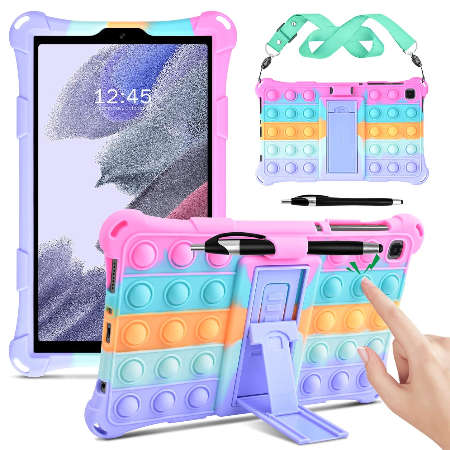 Color Silicone Case for Samsung Galaxy Tab A7 Lite 8.7 2021 (SM-T220/T225/T227u) with Pen Holder, Soft Anti-Stress Protective Cover for Tab a7 Lite 8.7 [Stylus Pen & Strap], Dazzling Pink