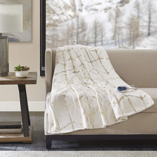 True North by Raina Electric Blanket Plush Throws-Low EMF-50" x 60" Geometric Print Cozy Soft-3-Setting Heat Controller, 50" x 60", Ivory/Metallic Silver