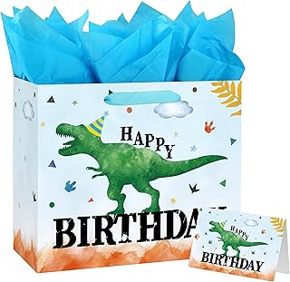 Large Dinosaur Birthday Gift Bag with Handles and Card