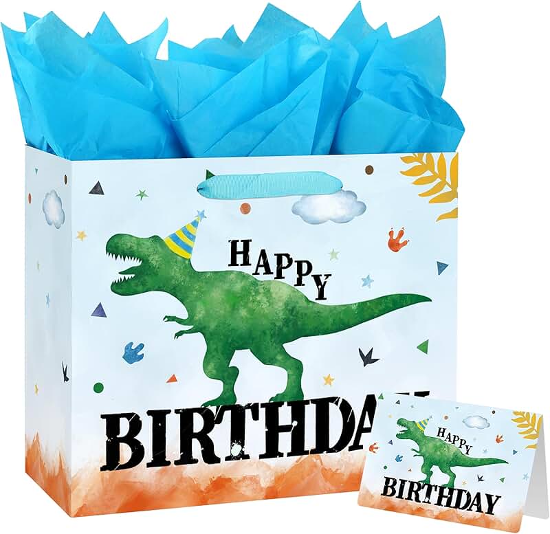 Large Dinosaur Birthday Gift Bag with Handles and Card